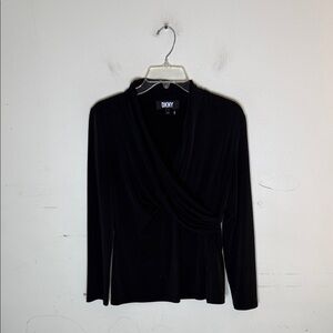 DKNY Women's Elegant Black Faux Wrap Long Sleeve Blouse Size Medium